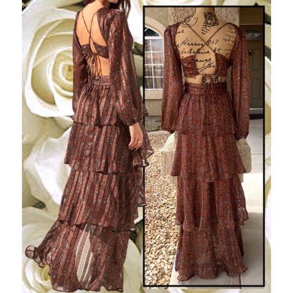 ASTR The Label Anora Copper Black Ditsy Long Sleeve Open Back Maxi Dress Size L - Picture 5 of 9